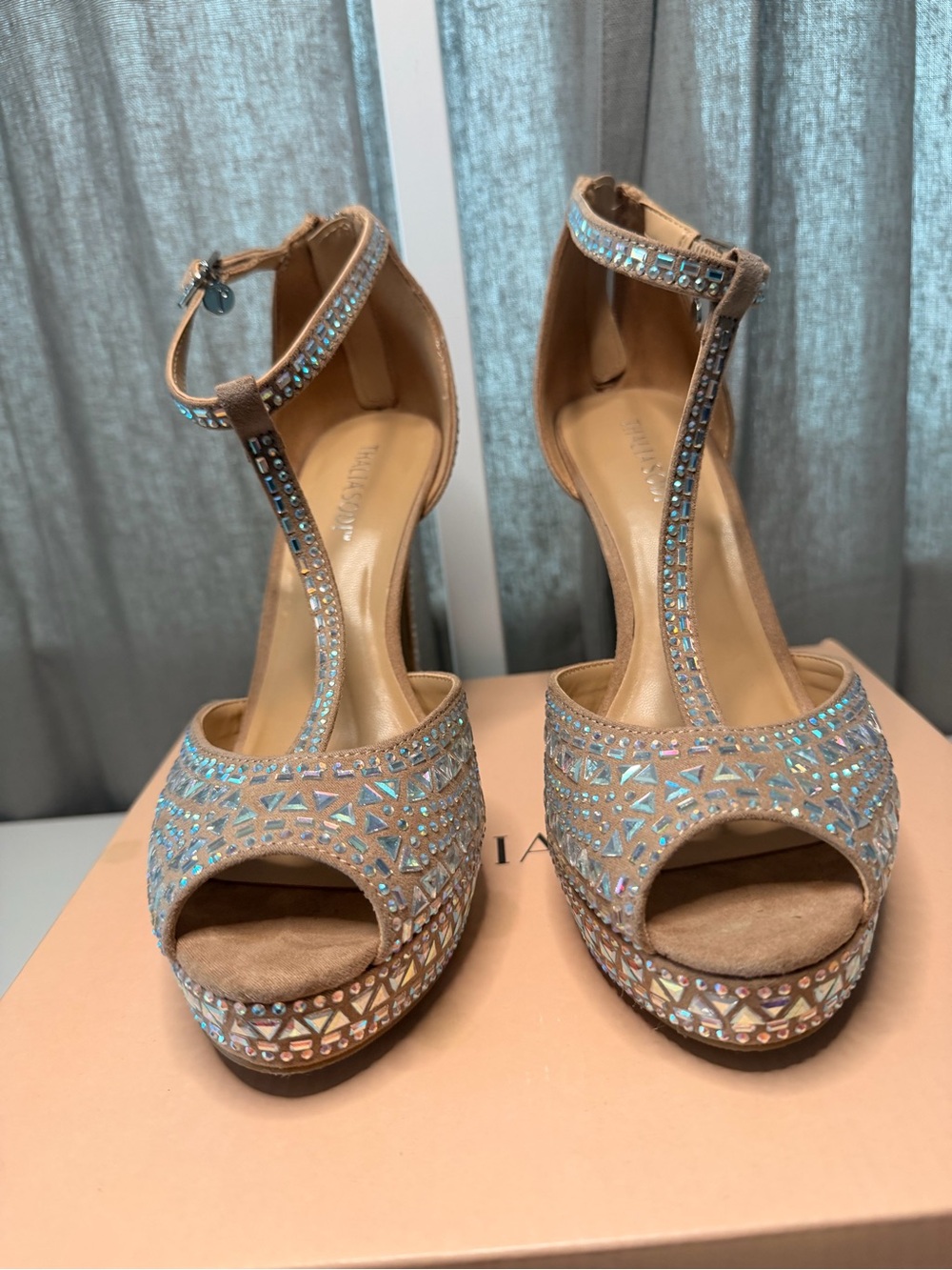 Thalia Sodi Embellished Nude T-Strap Platform Heels with crystal embellishment